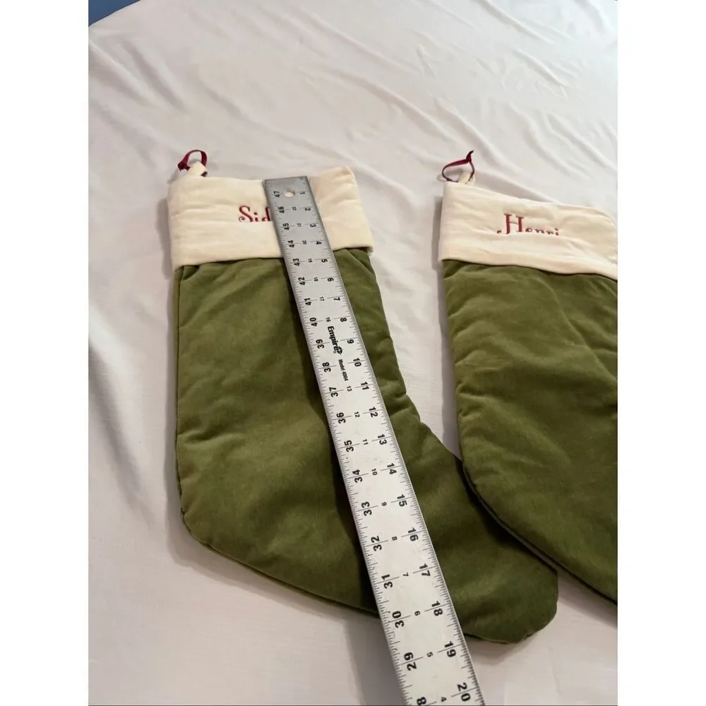 Pottery Barn Classic Med Green Ivory Velvet Christmas Stocking Mono Pick One